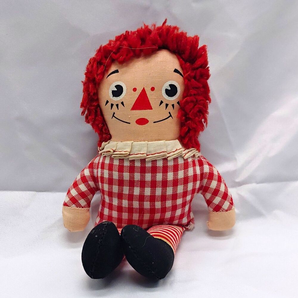Handmade Raggedy Ann Vintage 1956 Cloth Doll Yarn Hair Gingham Striped Legs